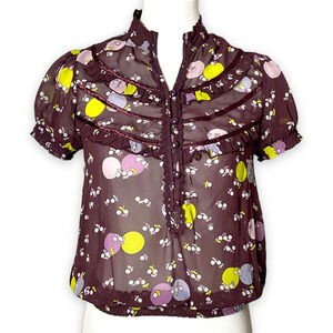 🍀 Kimchi Blue Women's Purple Taupe Printed Ruffle Puff Short Sleeve Blouse XS